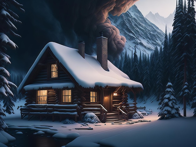 Une cabane confortable nichée dans les montagnes, la fumée s'élevant, entourée d'un pays des merveilles hivernales