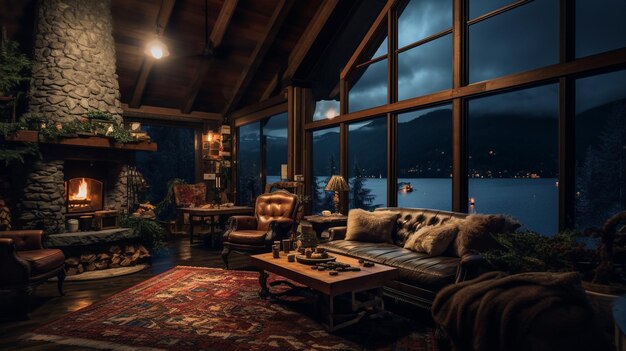 Une cabane confortable par un jour de pluie avec une grande fenêtre et une cheminée