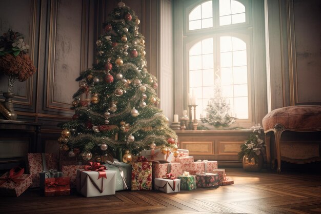 Une cabane confortable avec un sapin de Noël joliment décoré et un feu chaleureux