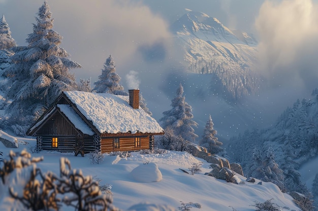 Une cabane couverte de neige dans un pays des merveilles hivernal