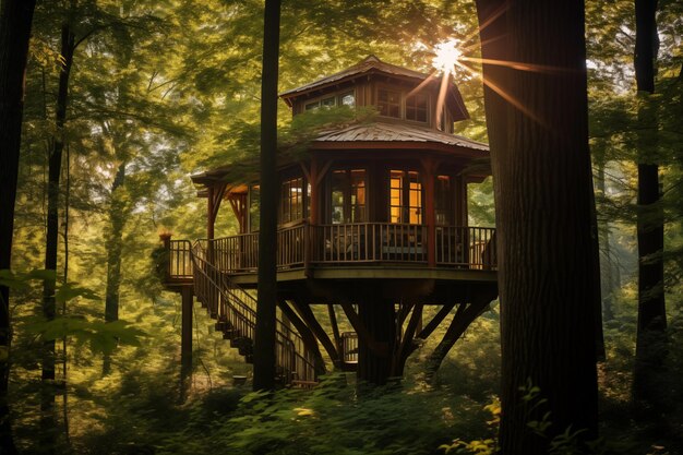 Photo une cabane dans l'arbre nichée parmi de hauts arbres dans une zone boisée ia générative