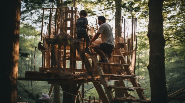 une cabane dans l'arbre qui a une cabane sur elle