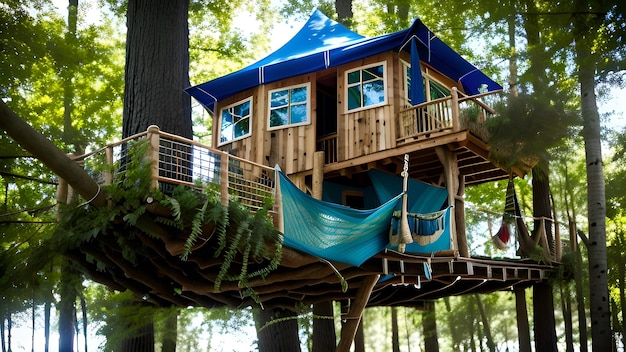 Une cabane dans les arbres avec une bâche bleue sur le toit