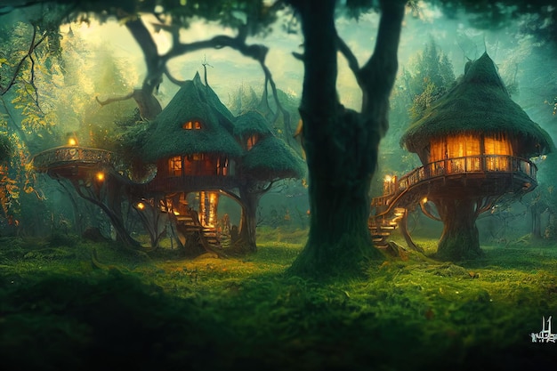 Cabane dans les arbres fantastique. Paysage fantastique de conte de fées, cabane dans les arbres. rendu 3d, illustration raster.