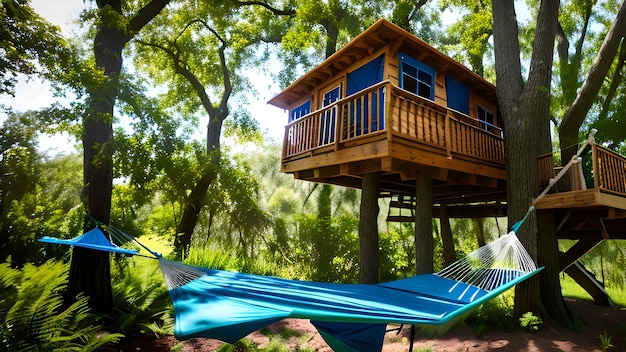 Une cabane dans les arbres avec un hamac au milieu de la forêt