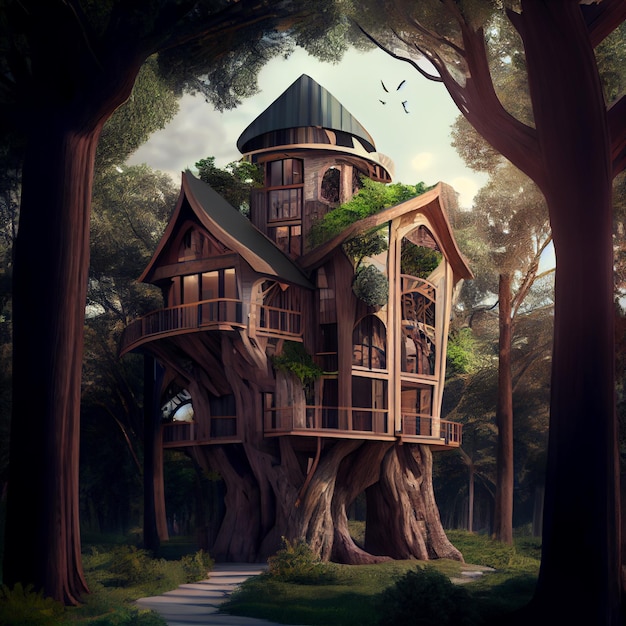 Cabane dans les arbres de luxe dans l'illustration de rendu 3d de la forêt