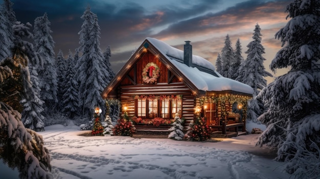 Une cabane dans les bois avec une couronne de Noël sur le devant.