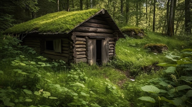 Une cabane dans les bois avec de l'herbe verte sur le toit.