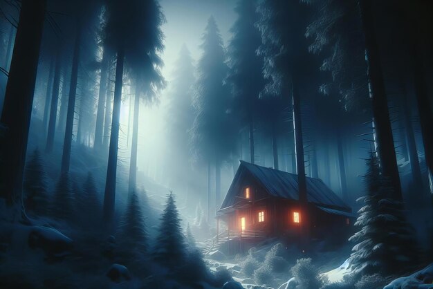 une cabane dans les bois avec une lumière brillante qui brille dessus