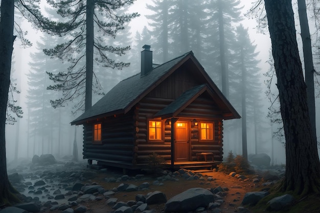 Une cabane dans les bois avec les lumières allumées