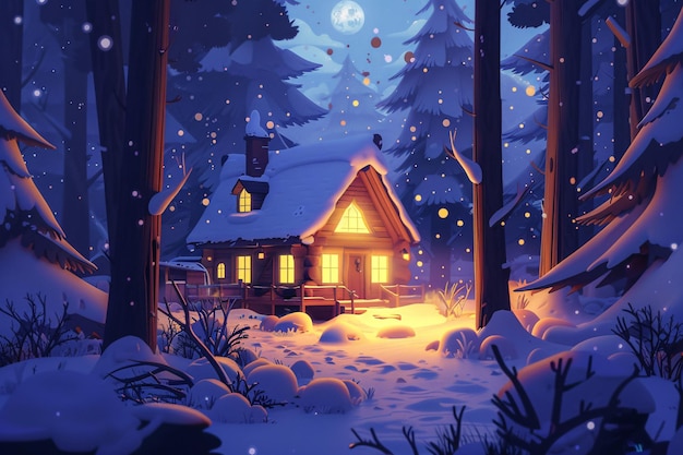 une cabane dans les bois avec une pleine lune en arrière-plan neige lourde illustration du terme solaire hiver s