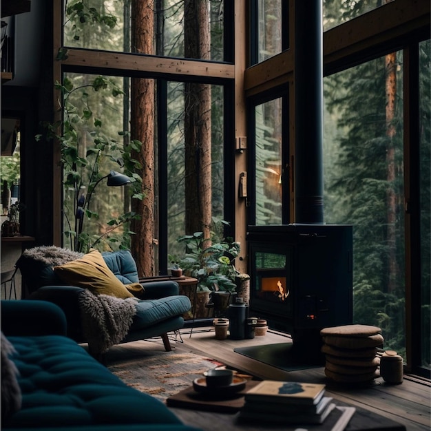 Une cabane dans les bois avec un poêle à bois