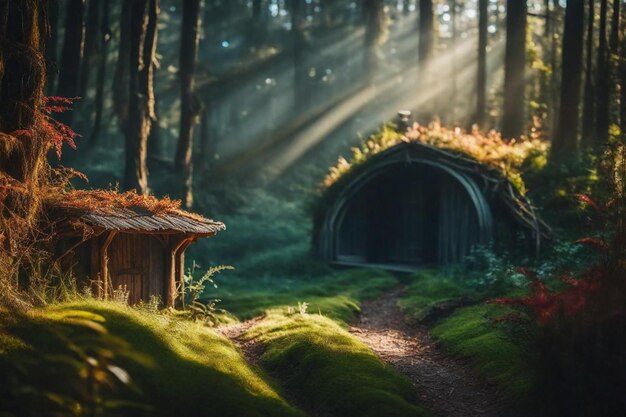 Photo une cabane dans les bois avec une porte en arrière-plan