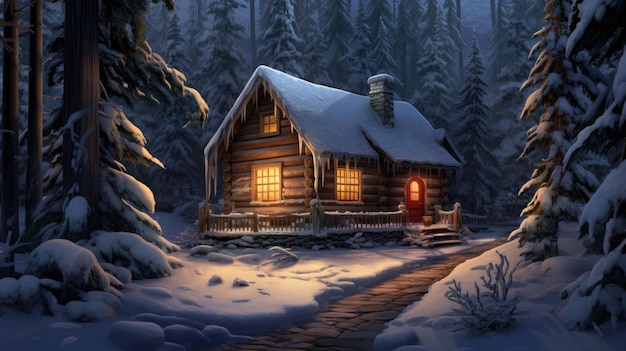 une cabane dans les bois avec une porte rouge