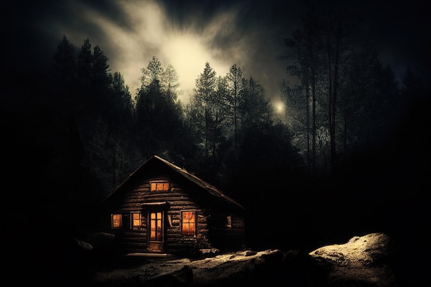 Cabane dans les bois très sombres la nuit