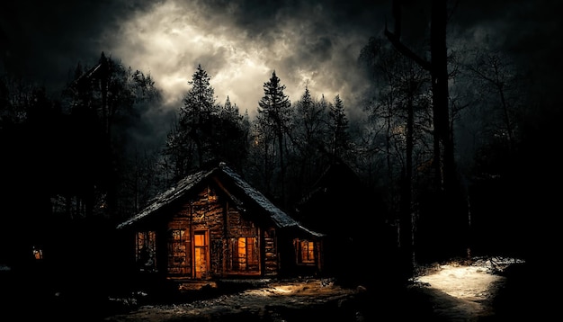 Photo cabane dans les bois très sombres la nuit