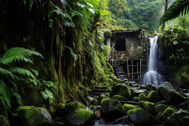 une cabane dans la jungle avec une cascade Generative Ai