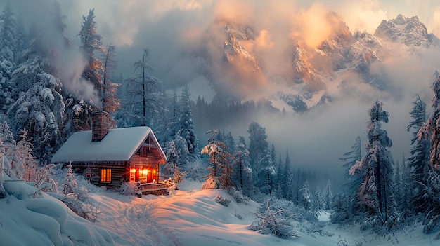 cabane dans les montagnes avec un fond de montagne enneigé