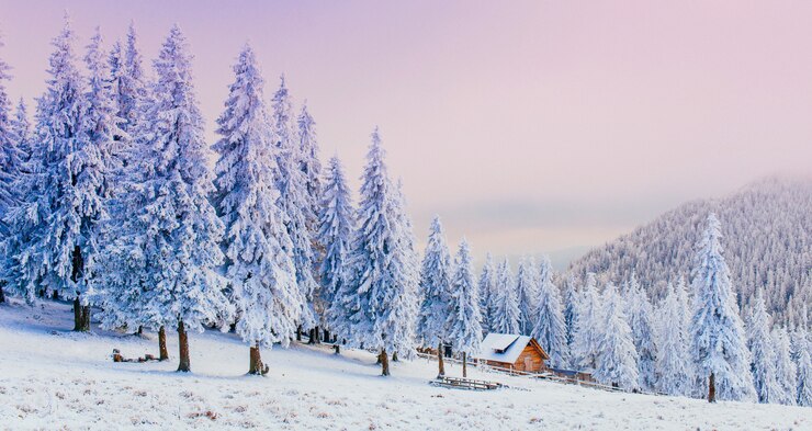 Cabane dans les montagnes en hiver
