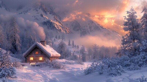 une cabane dans les montagnes avec une lanterne lumineuse