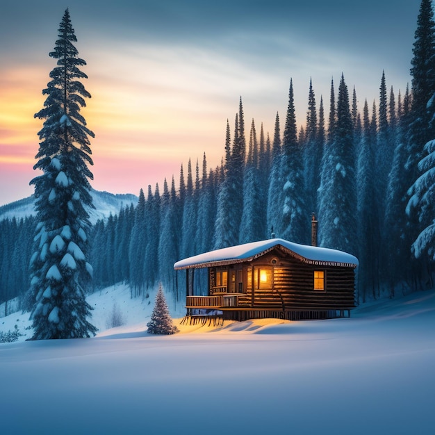 Une cabane dans la neige avec les lumières allumées