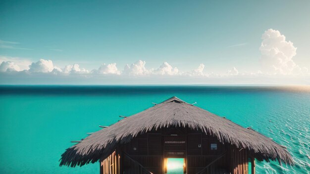 Une cabane sur l'eau avec le ciel en arrière-plan