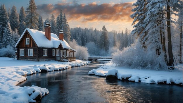 Photo une cabane enneigée au bord d'une rivière gelée au crépuscule