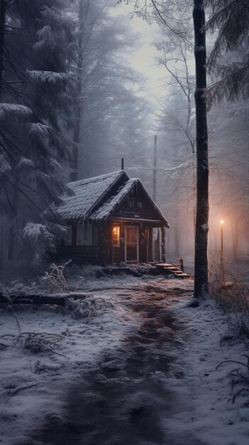 Une cabane enneigée dans les bois avec une lumière allumée la nuit.