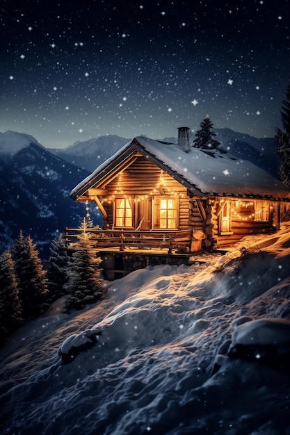 Une cabane enneigée dans les montagnes la nuit avec des lumières sur l'IA générative.