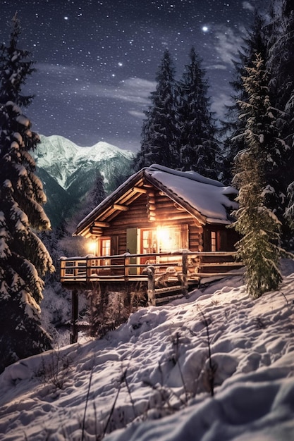 Une cabane enneigée avec un porche et une fenêtre éclairée dans les montagnes.