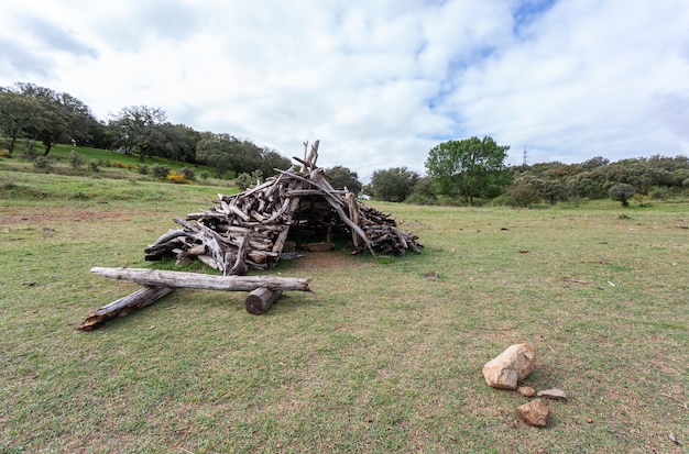 Cabane faite de bâtons et de rondins dans le pré