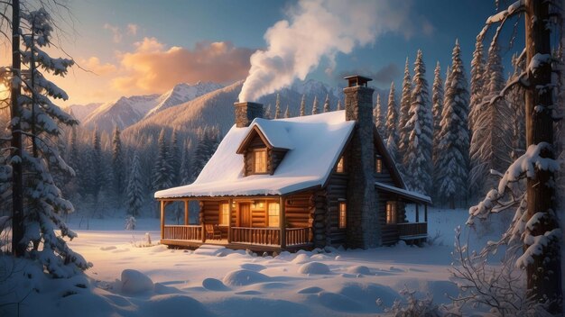 Une cabane d'hiver confortable dans une forêt enneigée