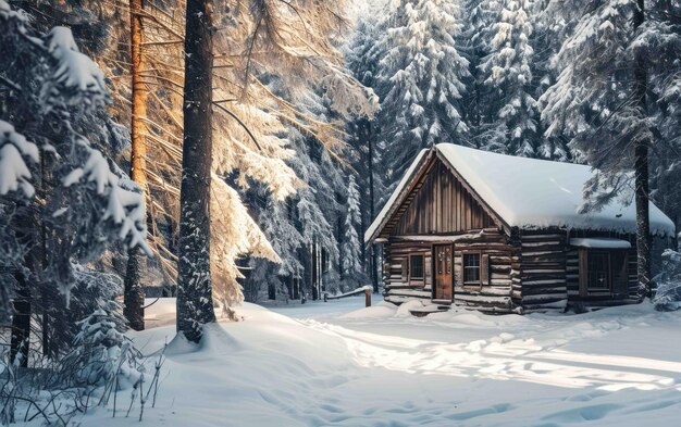 Une cabane d'hiver confortable dans une forêt enneigée.