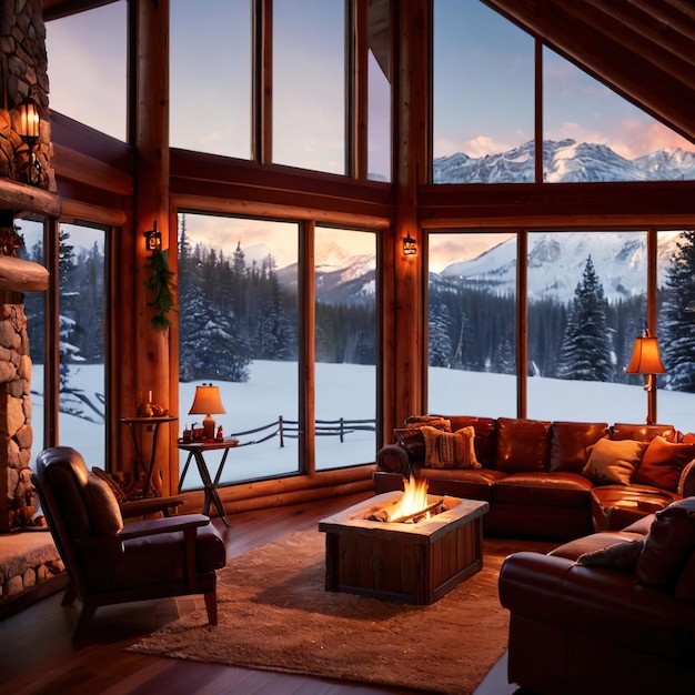 Une cabane d'hiver confortable et luxueuse avec un feu chaud et de la neige froide à l'extérieur.