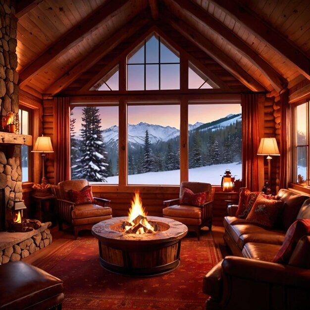 Photo une cabane d'hiver confortable et luxueuse avec un feu chaud et de la neige froide à l'extérieur.