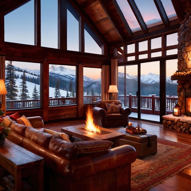 Une cabane d'hiver confortable et luxueuse avec un feu chaud et de la neige froide à l'extérieur.