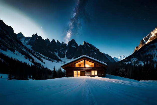 Une cabane avec une lumière sur le toit et une montagne en arrière-plan.