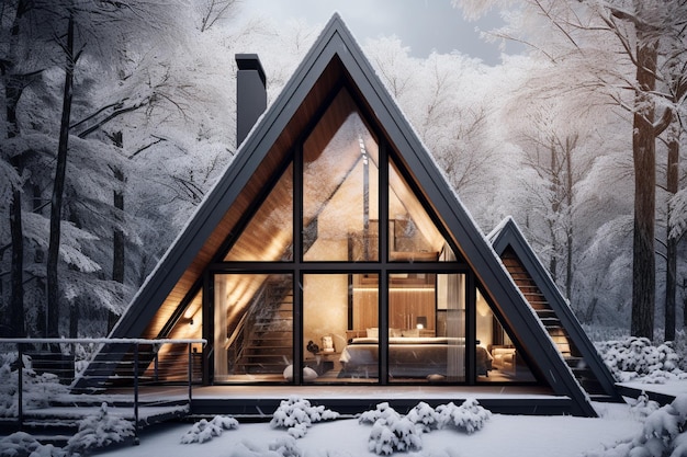 Cabane de maison Aframe moderne au milieu d'une forêt