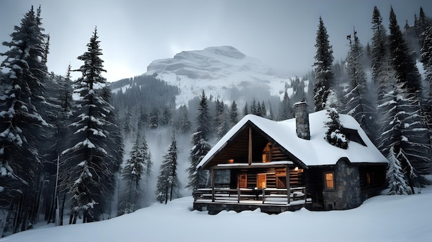 Une cabane de montagne dans un désert enneigé