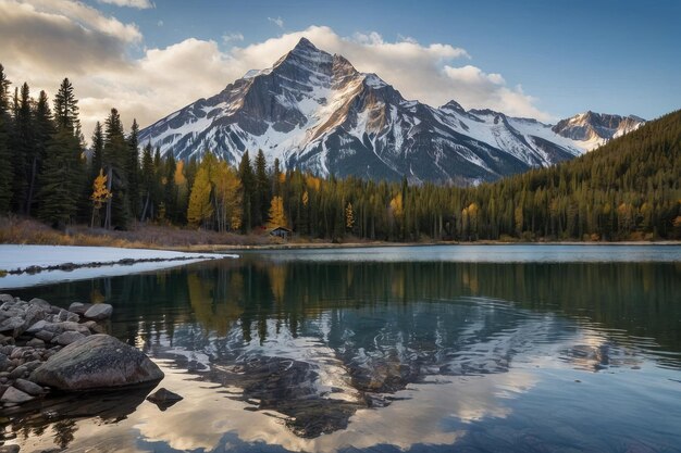 Cabane de montagne près d'un lac calme et réfléchissant au coucher du soleil