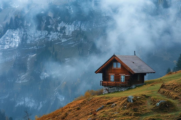 Une cabane sur une montagne avec une vue sur une vallée