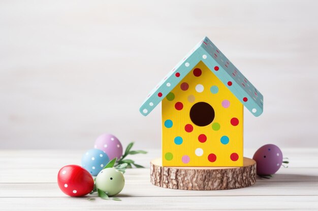 Une cabane d'oiseau colorée assise sur un dessus de table en bois arrangement de printemps avec décor de printemps