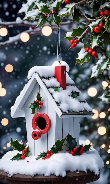 Une cabane d'oiseaux avec des holly et des baies rouges