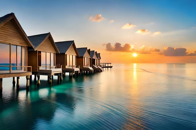 Une cabane de plage avec un coucher de soleil