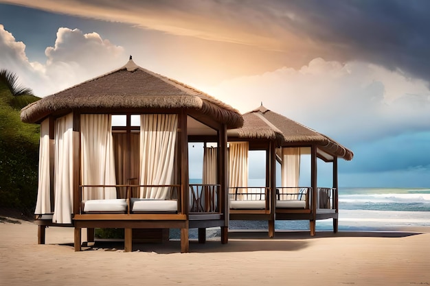 Une cabane de plage sur une île tropicale avec un ciel nuageux en arrière-plan