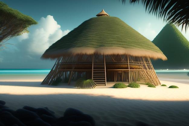 Une cabane sur une plage avec des palmiers en arrière-plan