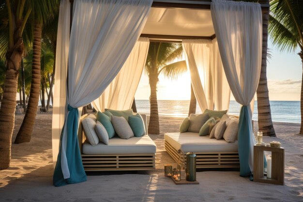 Cabane de plage privée avec chaises longues et champagne