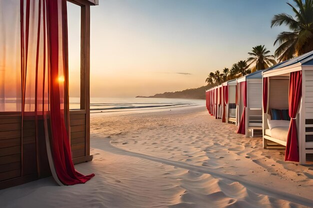 Une cabane de plage avec un rideau rouge qui dit "personne n'est autorisé".