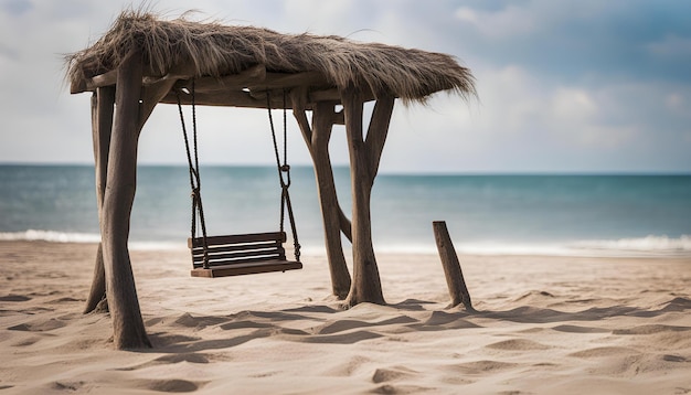 une cabane de plage avec un toit de chaume et un toit de paille