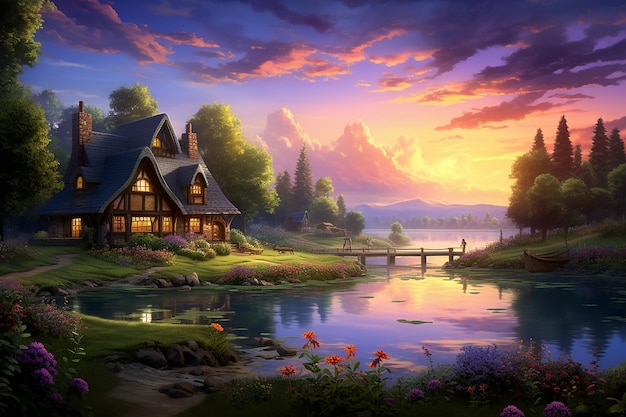 Cabane près de la rive du lac paysage fantastique illustration papier peint